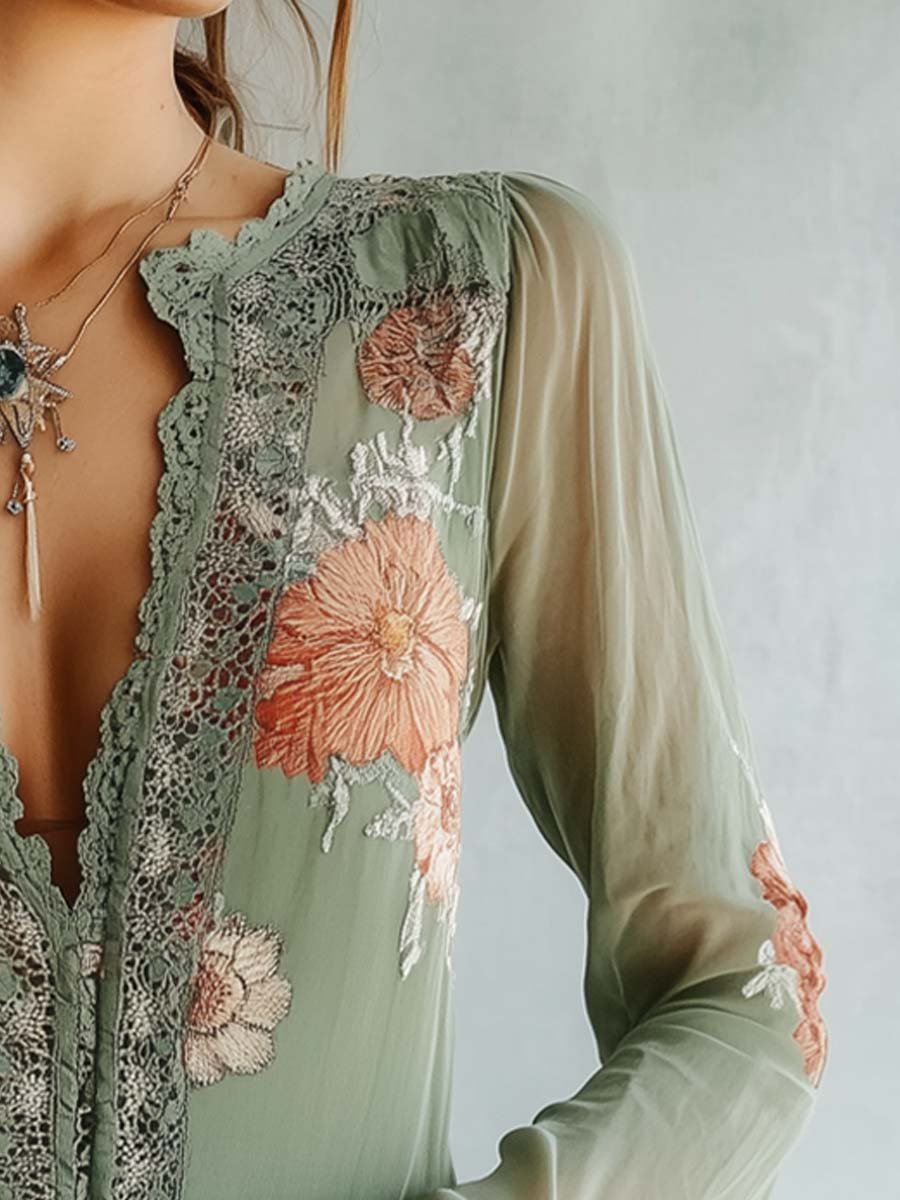 Blusa de encaje con estampado floral de estilo bohemio