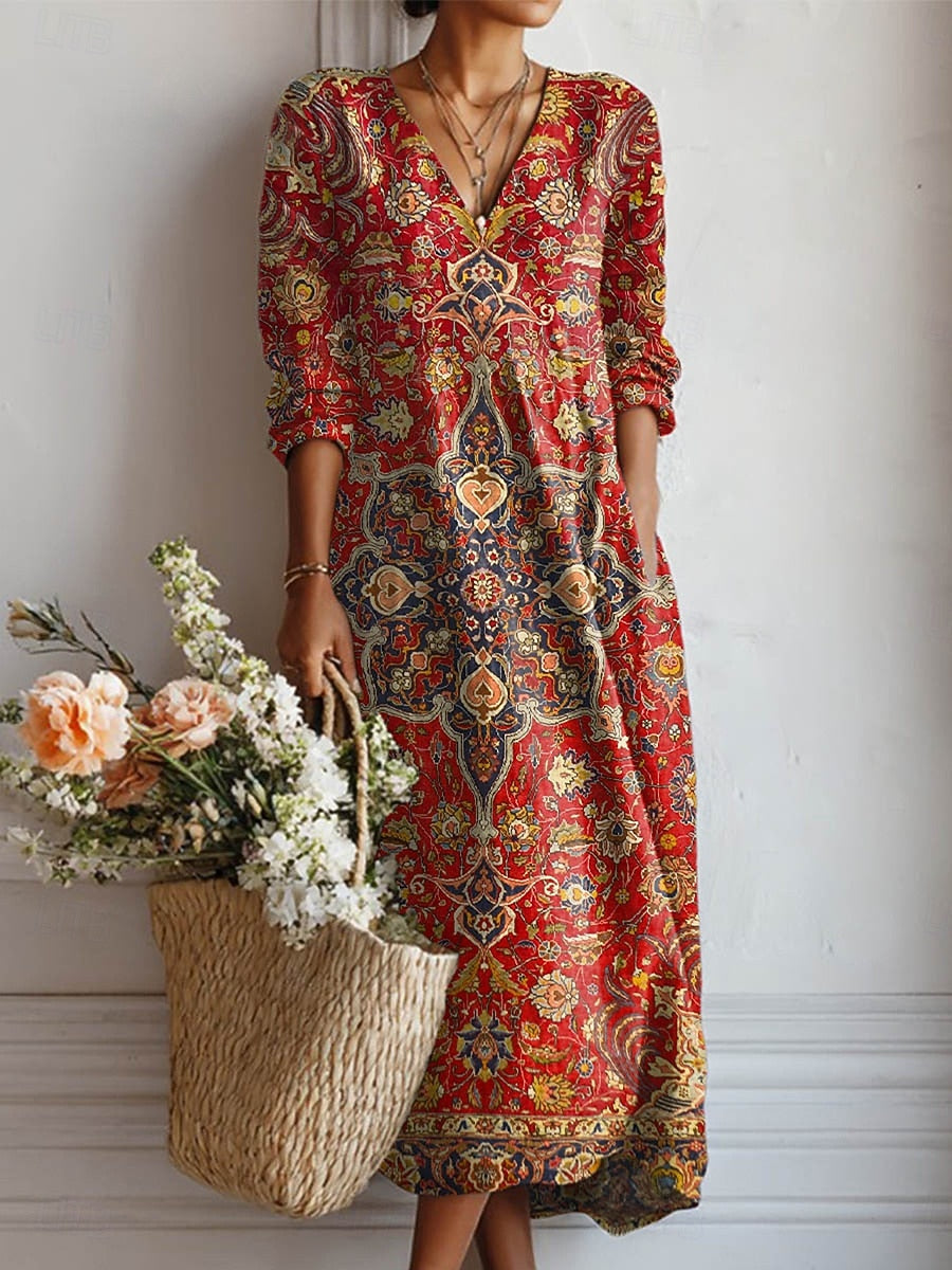 Esperanza | Vestido Midi Boho de Lino Estampado Mujer Escote V