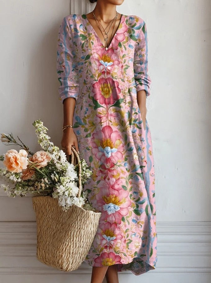 Esperanza | Vestido Midi Boho de Lino Estampado Mujer Escote V