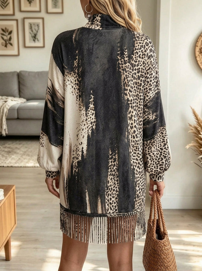 Leonor™ - Vestido Jersey con Estampado Leopardo y Flecos