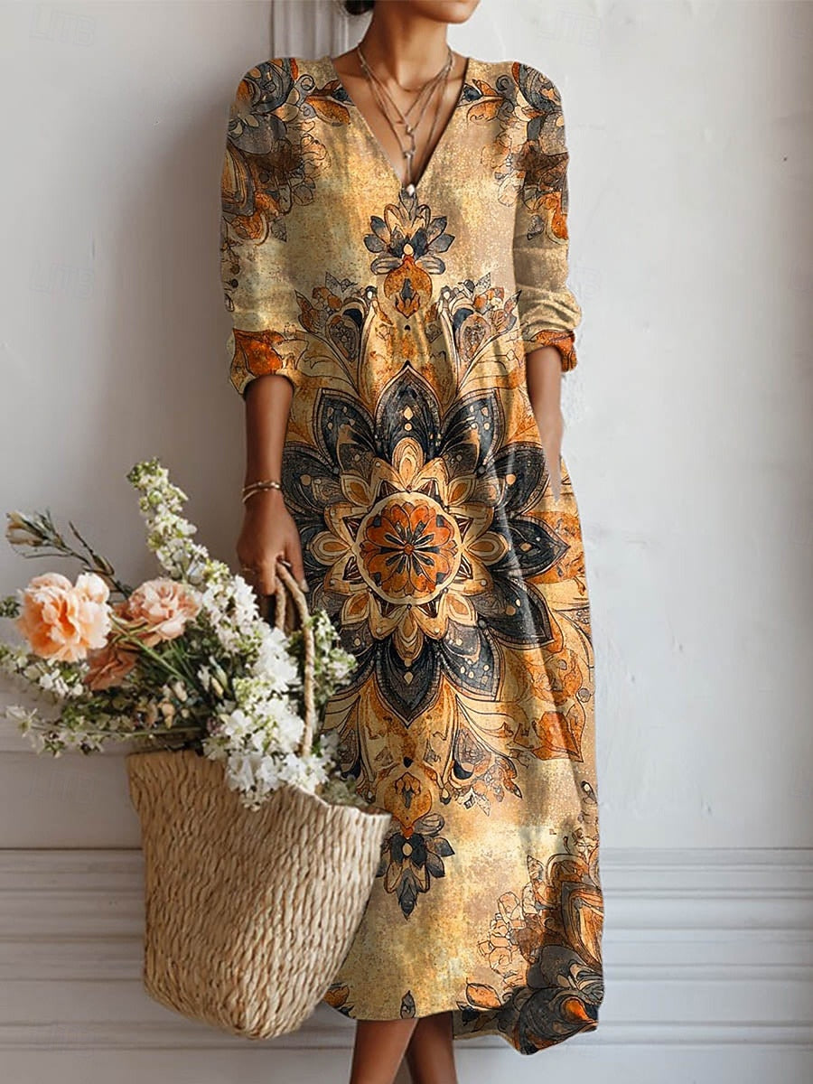 Esperanza | Vestido Midi Boho de Lino Estampado Mujer Escote V