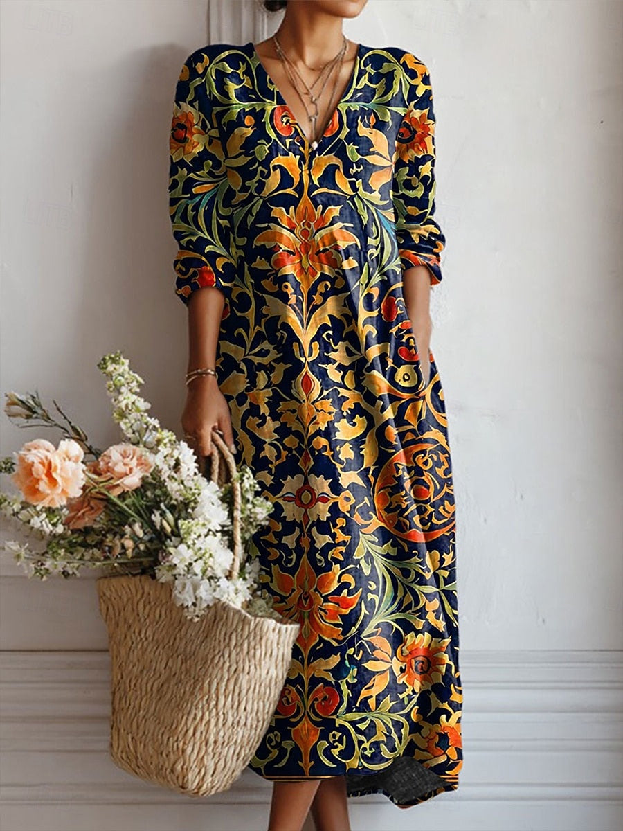 Esperanza | Vestido Midi Boho de Lino Estampado Mujer Escote V