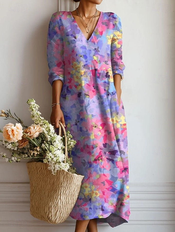 Esperanza | Vestido Midi Boho de Lino Estampado Mujer Escote V
